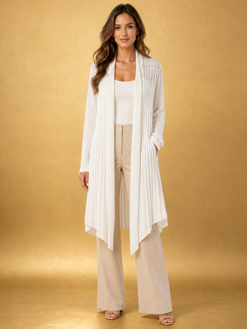 Belldini Cream Open Front Ribbed Knit Lightweight Duster Cardigan - XL